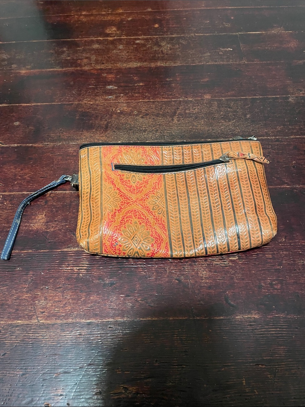 Tan and Red Patterned Wristlet Clutch